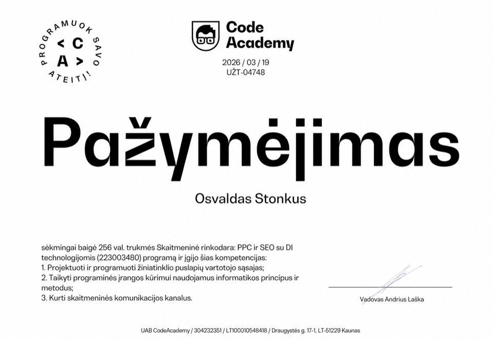CodeAcademy skaitmeninės rinkodaros, PPC ir SEO pažymėjimas – Osvaldas Stonkus