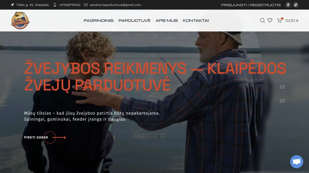 PrieSendvario.lt WooCommerce žvejybos reikmenų parduotuvės pradinis puslapis