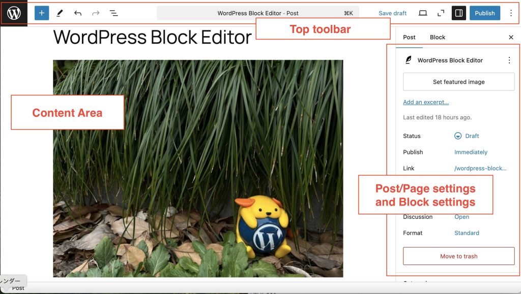 WordPress blokų redaktorius su puslapio turiniu ir nustatymų šonine juosta